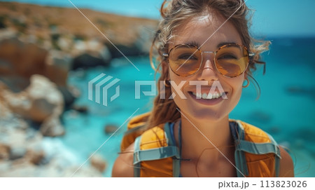Woman Wearing Ski Goggles and Red Jacket 113823026