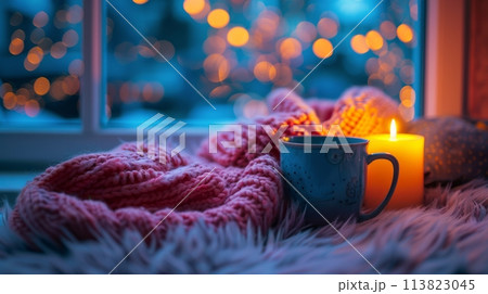 Blanket and Flowers on Window Sill 113823045