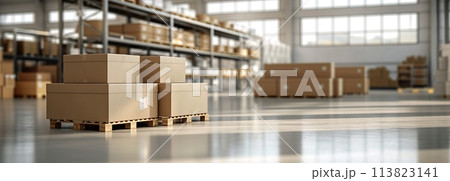 Cardboard box warehouse mockup isolated on white, with copy space for showcasing inventory and supply chain management solutions, integrating sustainability and safety in logistics practices 113823141