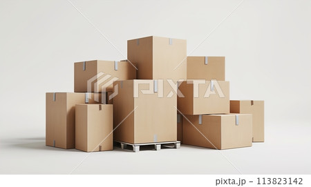 Cardboard box warehouse mockup isolated on white, with copy space for showcasing inventory and supply chain management solutions, integrating sustainability and safety in logistics practices 113823142
