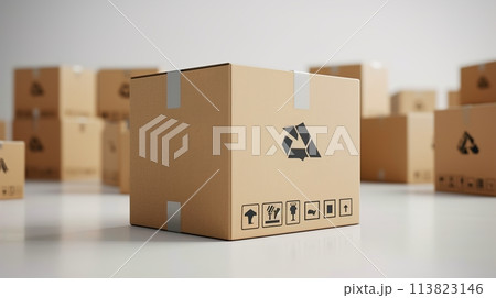 Cardboard box warehouse mockup isolated on white, with copy space for showcasing inventory and supply chain management solutions, integrating sustainability and safety in logistics practices 113823146
