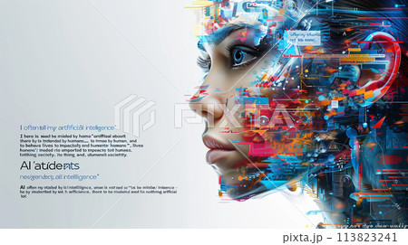 AI, Machine learning, beautiful woman robot with digital technology on brain concept machine deep learning, science artificial intelligence technology network exchange futuristic innovation. 113823241