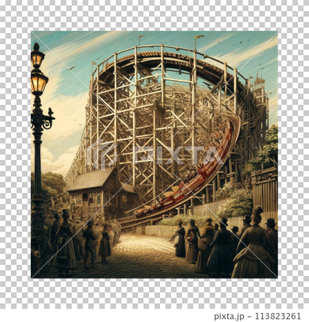 ジェットコースターを眺める来場者の列　ビクトリアン時代に思いを馳せて　Ai制作　イラスト 113823261