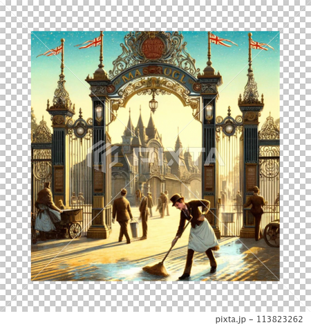 英国遊園地入場門前　開園前の風景　お掃除係　ビクトリアンイメージ画　Generative AI 113823262