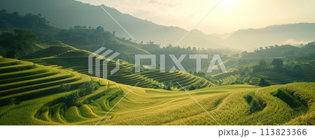 Golden hour illuminates lush rice terraces, a testament to traditional farming techniques and natural serenity Golden hour illuminates lush rice terraces, a testament to traditional farming techniques and natural serenity 113823366