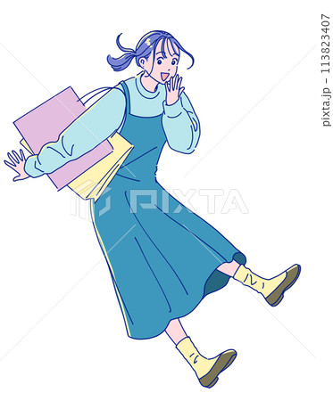 買い物袋を持ったアニメ風のジャンプする女性 113823407