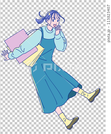買い物袋を持ったアニメ風のジャンプする女性 113823407