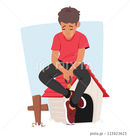 Child Mourns Deeply Of The Beloved Dog, Little Boy Character Sitting On Booth With Collar In Hand, Tears Flowing 113823625