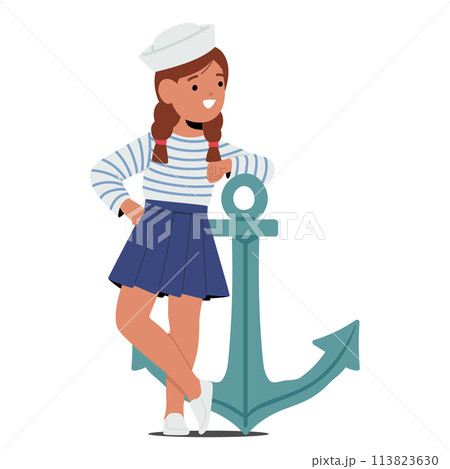 Young Girl Character In A Sailor Costume Leans Gracefully Against An Anchor, Her Eyes Bright With Innocence And Wonder 113823630