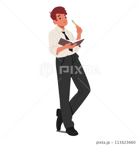 Man Reading Concept. Young Character Stands Absorbed, Book In Hand, Jotting Notes, Cartoon People Vector Illustration 113823660