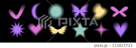 Set y2k aura. Blurred heart, butterfly and stars with aura in trendy style y2k. 113823723