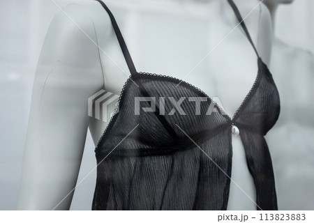 closeup of black transparent underwear on mannequin in a fashion store showroom 113823883