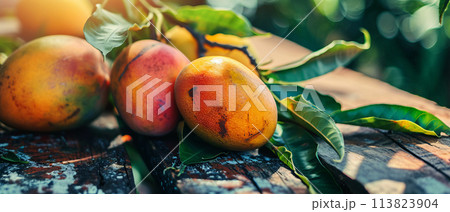 Fresh Mangoes on Rustic Wooden Table in Sunlit Orchard AI-generated item 113823904