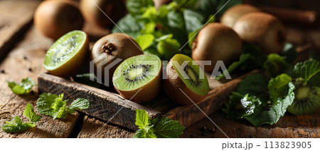 Fresh Kiwi Fruits on Wooden Table with Mint Leaves AI-generated item 113823905
