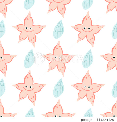 Sea stars seamless pattern. Fashionable template with sea creatures for wrapping paper, wallpaper, stickers, textiles. Flat style. 113824120