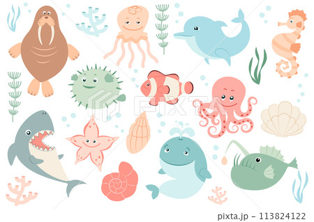Set with sea creatures. Flat, cartoon style. Animals of seas and oceans. Vector illustration for design. Set with sea creatures. Flat, cartoon style. Animals of seas and oceans. Vector illustration for design. 113824122