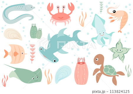 Set with sea creatures. Flat, cartoon style. Animals of seas and oceans. Vector illustration for design. Set with sea creatures. Flat, cartoon style. Animals of seas and oceans. Vector illustration for design. 113824125