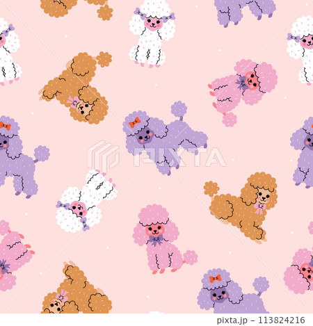 Seamless pattern with cute colored poodle dogs. Vector graphics. 113824216