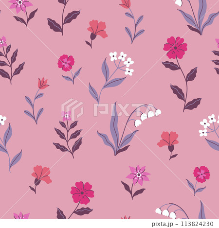 Seamless pattern in pink, red, purple and white colors with cute flowers. Vector graphics. 113824230