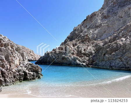 Seitan Limania beach in Crete no people sunny day blue water Seitan Limania beach in Crete no people sunny day blue water 113824253