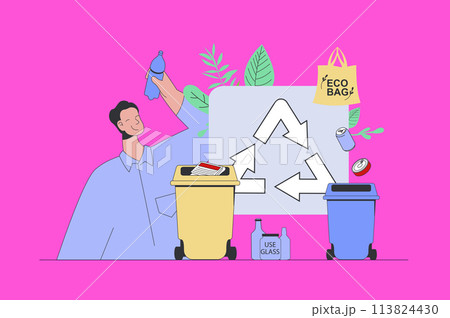 Waste management concept in modern flat design for web. Man collecting and separating trash, recycle garbage, using glass and eco bag. Vector illustration for social media banner, marketing material. 113824430