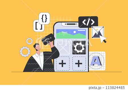 App development concept in modern flat design for web. Developer making ui ux engineering and creating mobile wireframe interface. Vector illustration for social media banner, marketing material. 113824485