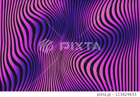 Striped abstract vibrant background with blending colors. Wavy pattern with dark and light layers. 80's futuristic cyberpunk design with glowing colorful neon lights. Vector design. 113824633