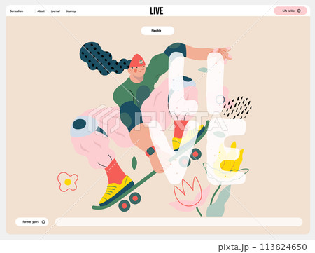 Life Unframed: Skateboarder -modern flat vector concept illustration of skater jumping above flowers. Metaphor of unpredictability, imagination, whimsy, cycle of existence, play, growth and discovery 113824650