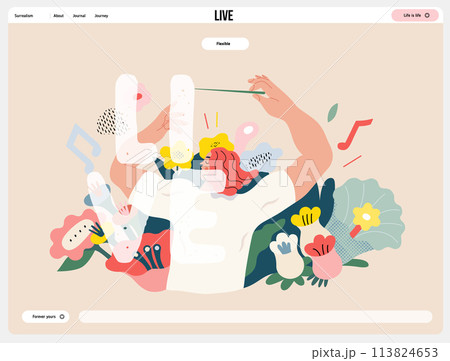 Life Unframed: Flower orchestra -modern flat vector concept illustration of symphony conductor, bloom music. Metaphor of unpredictability, imagination, whimsy, existence cycle, play, growth, discovery Life Unframed: Flower orchestra -modern flat vector concept illustration of symphony conductor, bloom music. Metaphor of unpredictability, imagination, whimsy, existence cycle, play, growth, discovery 113824653