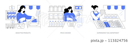 Supermarket shopping process isolated cartoon vector illustrations se 113824756
