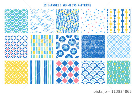 15種類の手書きの和柄のシームレスパターン 113824863