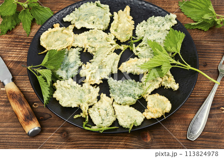Breaded young nettle, vegetarian food . Breaded young nettle, vegetarian food . 113824978