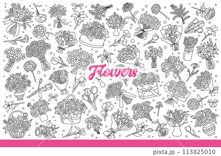 Fragrant flowers collected in bouquets for gifts to women or home decoration. Hand drawn doodle. Fragrant flowers collected in bouquets for gifts to women or home decoration. Hand drawn doodle. 113825010