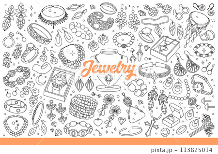 Jewelry for women made from precious metals and diamonds or pearls. Hand drawn doodle. 113825014