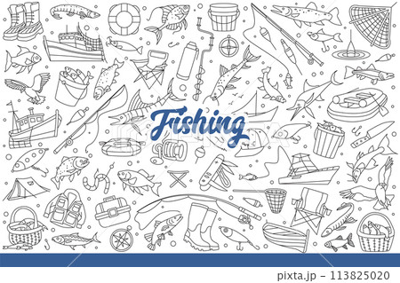 Fishing supplies and fish for fishermen interested in sportfishing. Hand drawn doodle. Fishing supplies and fish for fishermen interested in sportfishing. Hand drawn doodle. 113825020
