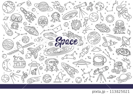 Space crafts and rockets roaming galaxy in search aliens from different planets. Hand drawn doodle 113825021
