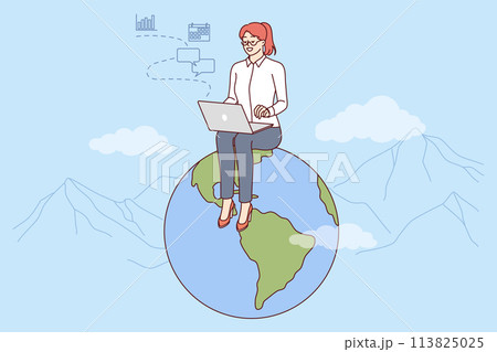 Woman freelancer works for international company via internet, sits on globe with laptop on lap 113825025