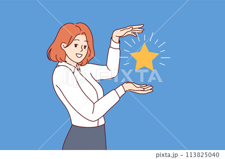 Business woman, best employee of month, received star confirming excellent skills to achieve tasks 113825040