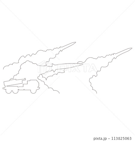 発射台から放たれたミサイルのイラストのシンプルな線画　ベクター 113825063