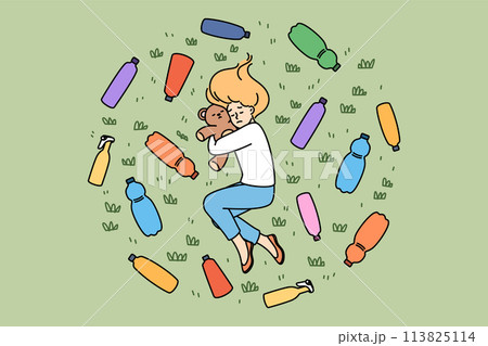 Environmental disaster and plastic waste causes stress in teenage girl lying among bottles on lawn 113825114
