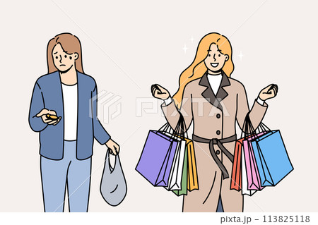 Problem of social inequality between rich woman with bags from supermarket and poor girl with coins 113825118