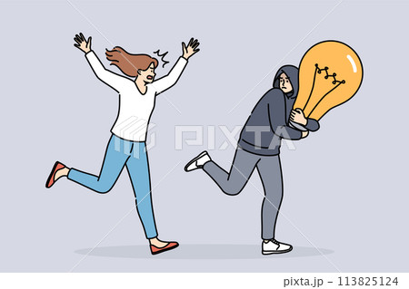Theft intellectual property from woman running after criminal with large light bulb symbolizing idea 113825124