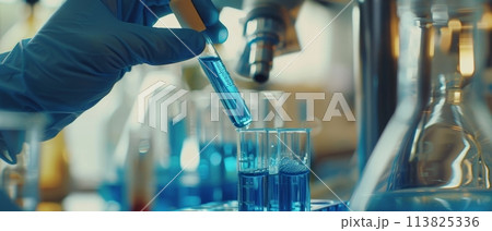 Scientist Holding Liquid-filled Pipe in Lab 113825336