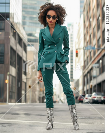 Woman in Green Suit Standing on Street 113825337