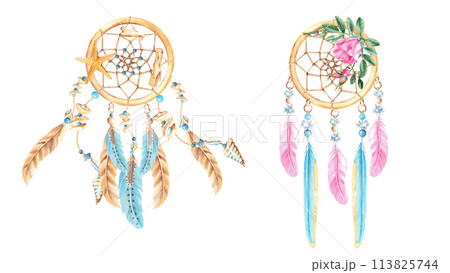 Dream catchers set with feathers, sea shell and sea star, crystals, beads and rose hip, dog rose flowers and branches. Watercolor hand drawn illustration isolated on white background. 113825744