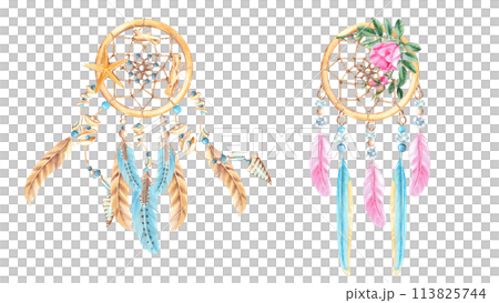 Dream catchers set with feathers, sea shell and sea star, crystals, beads and rose hip, dog rose flowers and branches. Watercolor hand drawn illustration isolated on white background. 113825744
