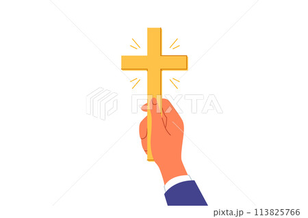 Golden christian crucifix in hands man, inviting to accept catholicism and attend church for prayers 113825766