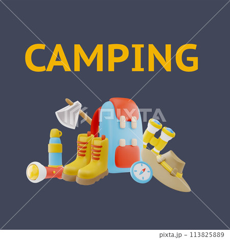 Travel gear backpack, binoculars, axe, flashlight, hat and boots 3D vector camping poster, tourist trekking or hiking 113825889