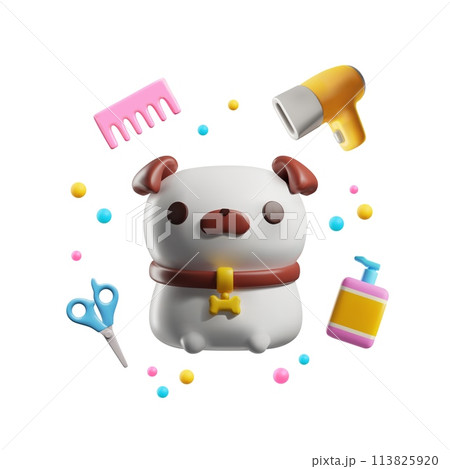 Cute dog with grooming accessories 3D vector illustration, pet care shop products shampoo, comb, hair dryer, scissors Cute dog with grooming accessories 3D vector illustration, pet care shop products shampoo, comb, hair dryer, scissors 113825920