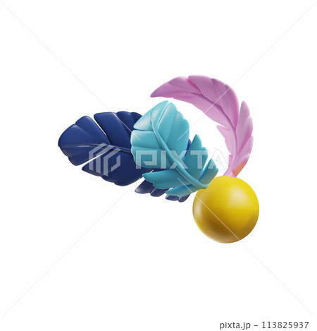 3D pet toy yellow ball with colorful feathers vector icon, cartoon render entertaining feline accessory playing supplies 113825937